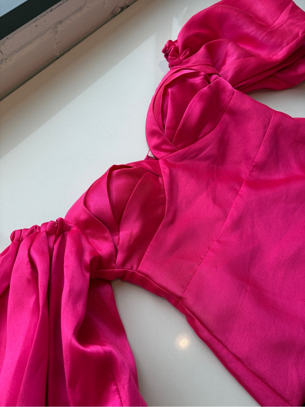 Pink Satin Off-Shoulder Puff-Sleeve Mini Dress